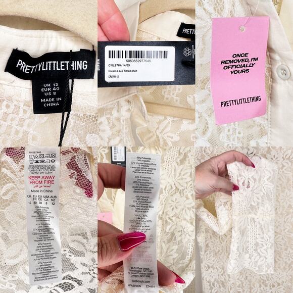 NWT Pretty Little Thing Cream Lace Fitted Bell Sleeve Button Down Shirt Blouse 8 - Picture 12 of 13